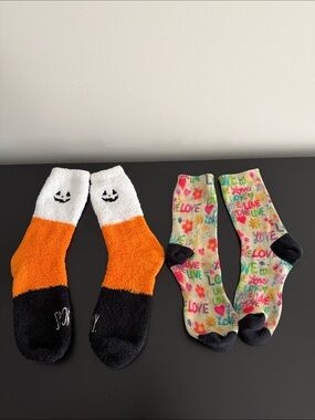 Cozy Halloween Candy Corn Fuzzy Socks & Colorful 'Love' Crew Socks - 2 Pairs